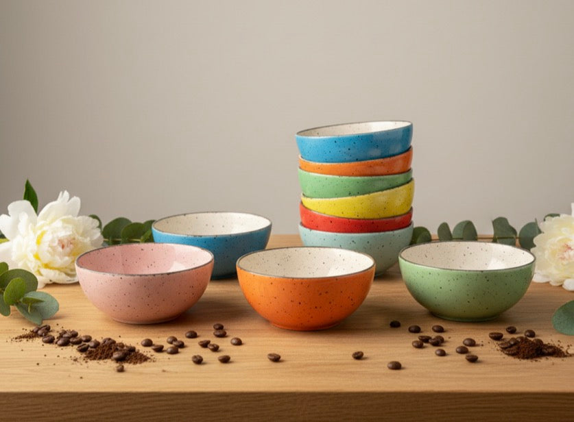 Otkrijte našu kompletnu kolekciju ručno oslikanih porculanskih zdjelica! Svaki komad je jedinstven, s našim prepoznatljivim točkicama i pažljivo obrađenim rubom. Naše zdjelice su 100% porculanske