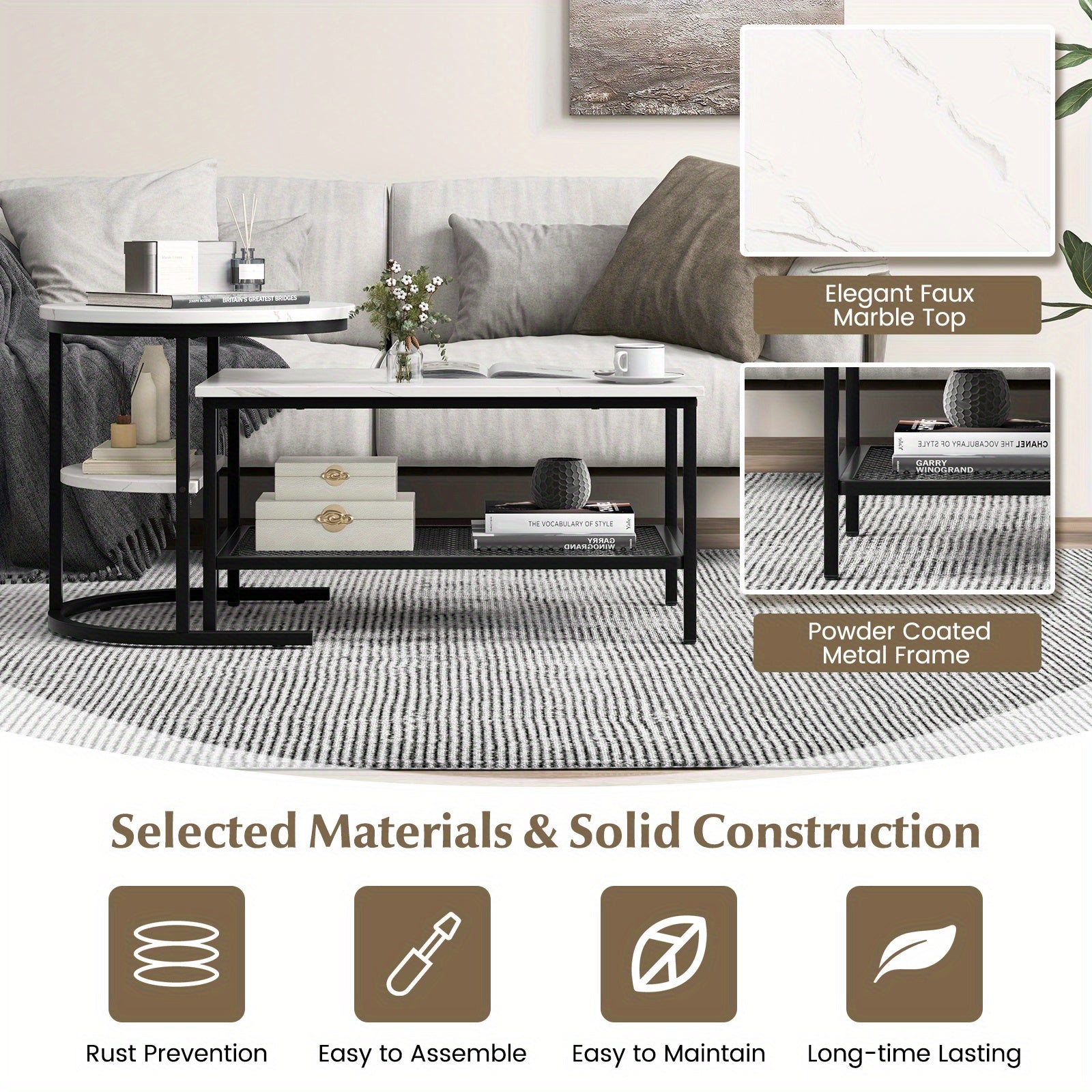 Set 2 pomoćna stolića za kavu - bijeli umjetni mramor