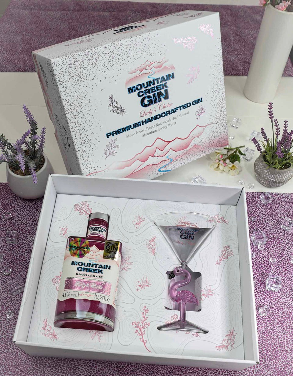 Luxury box Lady’s Choice shimmer gin 0.70 L + handmade FLAMINGO glass