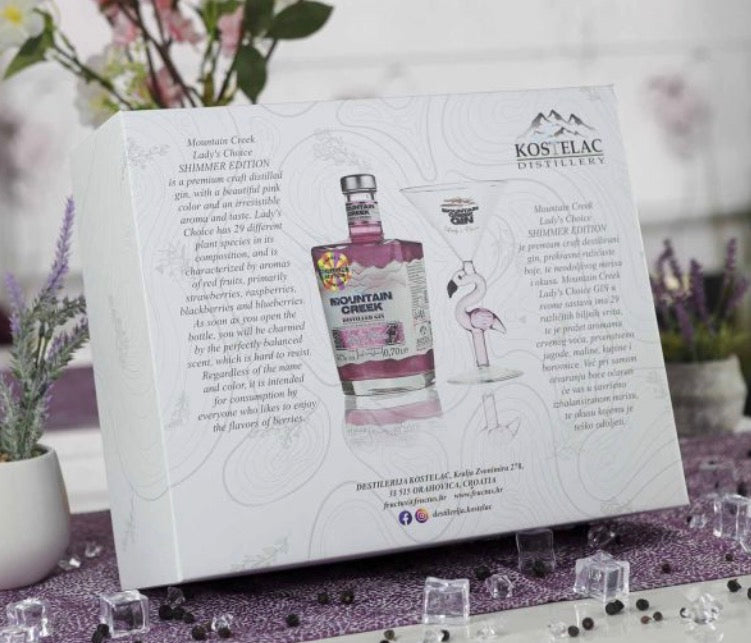 Luxury box Lady’s Choice shimmer gin 0.70 L + handmade FLAMINGO glass